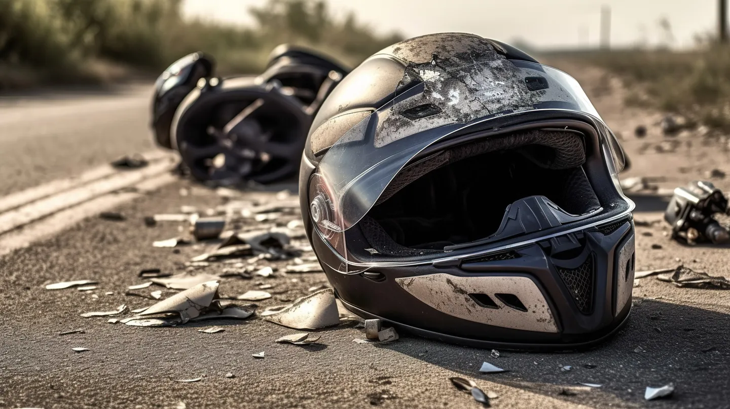 Motorcycle helmet on the ground with car crash behind it